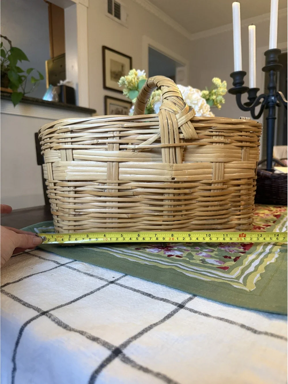 Vintage Handwoven Wicker Basket with Fixed Overhead Handle - Natural Reed/Rattan